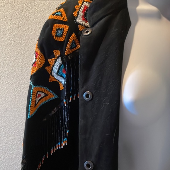 Vintage Southwest Native inspired western beaded fringe jacket black turquoise - Picture 10 of 13